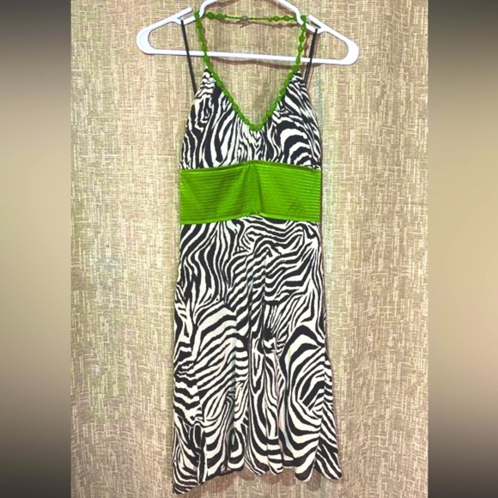Phoebe Couture Halter Dress Size 2 Zebra Print Beaded Black Cream Green